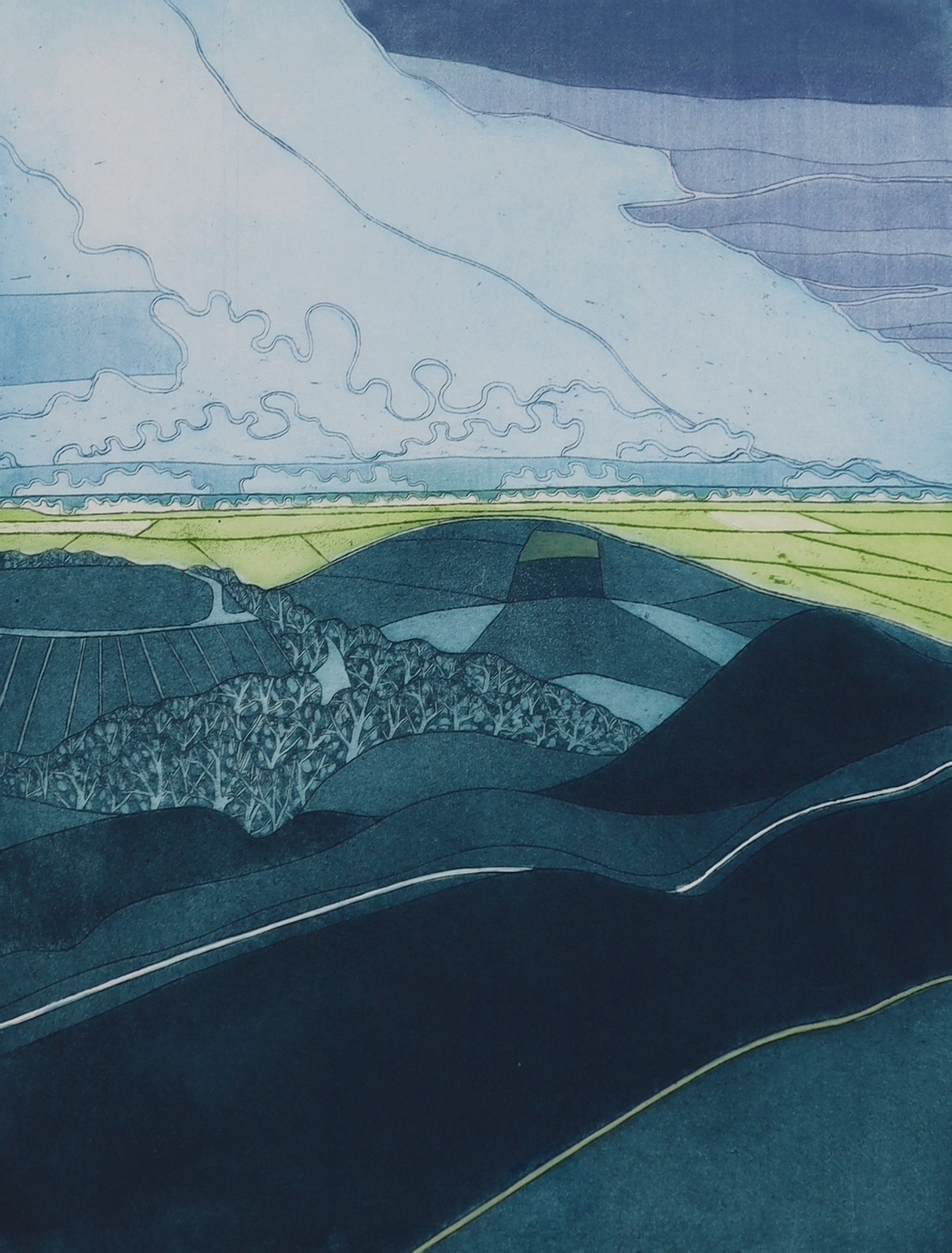 John Brunsden (1933-2014) two colour etchings, comprising Off Chesil Beach and Severn Valley, limited edition 60/150 and 68/100, each signed in pencil, one with blindstamp, largest 80 x 60cm
